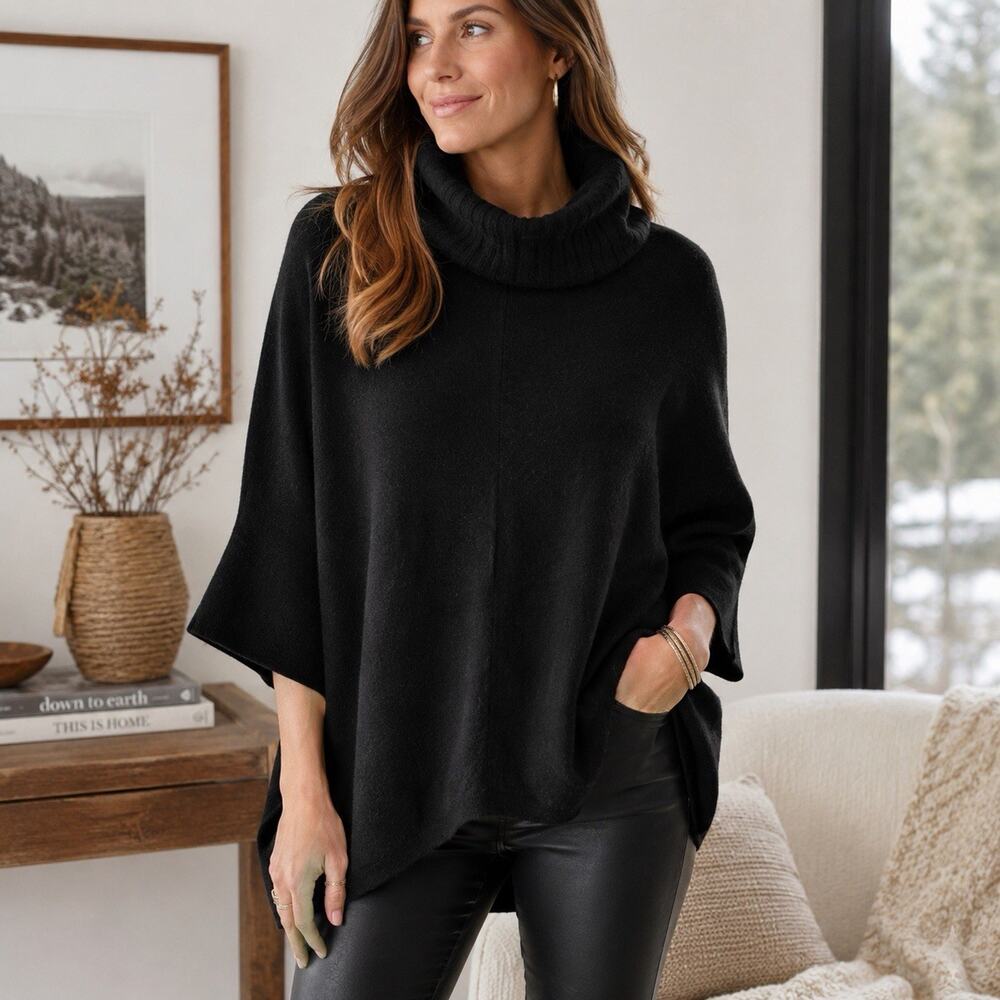 Charter Club Luxury 100% Cashmere Black Cowl Neck Poncho Sweater OS Soft Cozy
